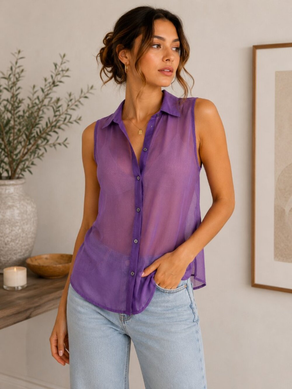 Mudd Purple Sleeveless Sheer Button-Up Blouse | Size XS